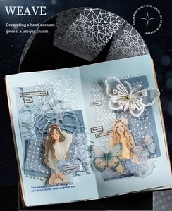 Detail of blue Star Sand aesthetic washi tape featuring butterflies and lace on journal pages