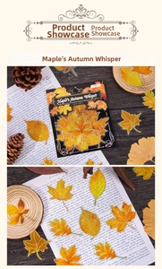Detailed view of 30pcs gold-rimmed maple leaf PET stickers for journaling decor