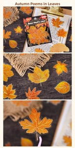 Detail of PET autumn maple leaf stickers with gold outlines on vintage wood