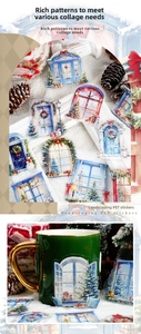 Detail of winter themed PET stickers showing European window and snow designs on a mug