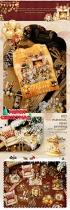 Detail of Christmas PET stickers showing gold reindeer and festive fireplace decorations