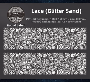 Detail of white lace PET masking tape with glitter sand finish for scrapbooking