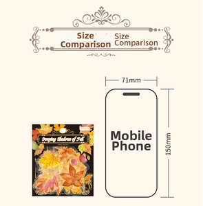 Size comparison of autumn maple leaf PET stickers next to a 150mm smartphone outline