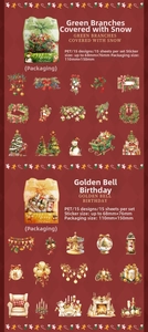 Detail of Christmas themed PET stickers showing festive botanical and golden bell designs