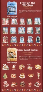 Detail view of festive Christmas PET stickers featuring snow window and gingerbread motifs