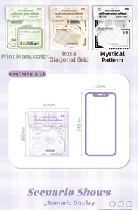 Macro detail of watercolor grid memo pads showing sizes compared to a smartphone