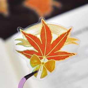 Laser maple leaf PET sticker with gold bow and transparent edge for scrapbooking