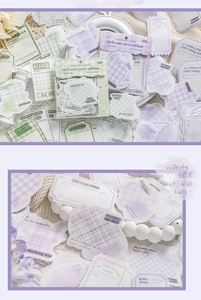 Detail of watercolor plaid stickers and decorative notes for journaling and scrapbooking