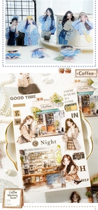 Detail of DIY journal stickers featuring cafe theme girl characters and aesthetic scenes