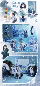 Detailed view of 15-piece rainy day theme stickers with anime girls and umbrellas