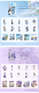 Macro detail of PET decorative stickers featuring blue summer and purple floral themes