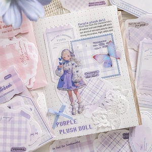30pcs purple watercolor plaid aesthetic stickers with anime girl and butterfly designs