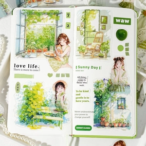 Watercolour style green stickers featuring girls and plants on a white notebook