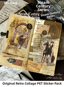 Detail of vintage steampunk PET stickers on journal with magnifying glass and pen