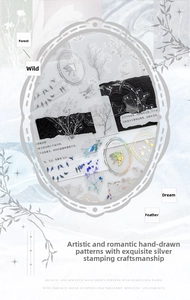 Detail of vintage hand-drawn forest stickers with silver foil and laser effects on PET