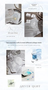 Detailed macro view of retro 3D matte silver botanical stickers on vintage paper