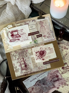 Macro detail of MO-CARD vintage sewing stickers featuring antique iron and sewing machine