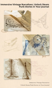 Macro detail of steampunk PET stickers featuring vintage clocks and gothic window designs