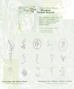 Close-up of vintage floral PET stickers with 3D silver foil for DIY journaling