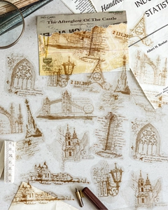 Macro shot of vintage building stickers on antique manuscripts and aged paper letters