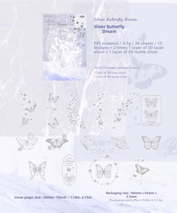 Macro detail of PET butterfly stickers with premium 3D laser silver foil and emboss texture