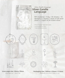 Detail of vintage PET stickers featuring laser silver frames and floral motifs
