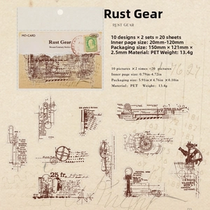 Detail of vintage industrial PET stickers featuring rusty gear patterns and retro machinery