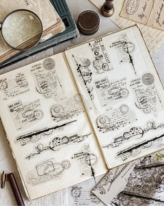 Macro detail of vintage black and white PET stickers with airmail and postmark designs