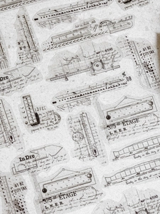 Macro shot of vintage industrial style PET stickers with rulers and antique scales