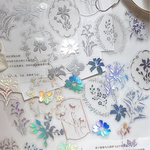 Vintage floral PET stickers with silver laser finish for DIY scrapbooking and crafts