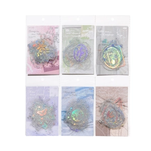 Set of six holographic PET stickers featuring vintage laser silver floral and butterfly patterns