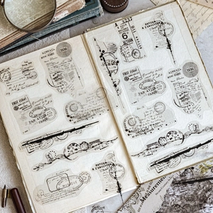 Vintage Steam Century scrapbook stickers with retro postmarks and antique handwriting designs