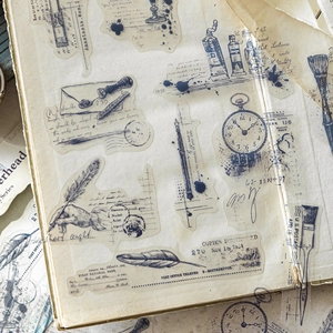 Vintage Prussian blue PET stickers featuring quill pens and pocket watches for scrapbooking