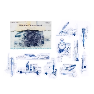 Retro steampunk stickers set with 20 pieces in vintage blue ink and feather pen designs