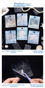 Macro shot of waterproof PET sparkling water wave stickers with glitter and adhesive back