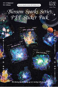 Macro shot of laser fireworks PET stickers with sparkling holographic effect on dark background