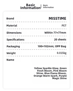 Detailed specifications table for PET floral stickers showing size and quantity info
