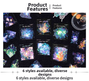 Macro view of iridescent laser stickers with firework patterns and shimmering film detail