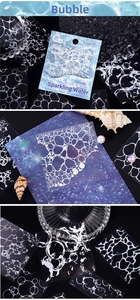 Macro detail of transparent PET stickers featuring realistic sparkling water bubble textures