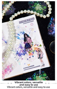 Detailed view of PET decorative stickers featuring fashion figures and colorful ink splatters
