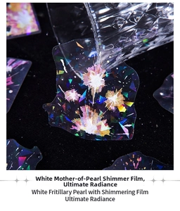 Macro shot of white shell shimmering film with iridescent texture and rainbow glitter effects