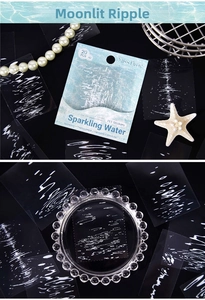 Detailed view of translucent sparkling water ripple PET stickers on black background