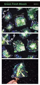 Detailed view of Green Fresh Bloom floral PET stickers with laser green glitter effect