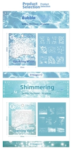 Close-up of sparkling water ripple PET stickers for scrapbooking in a blue theme