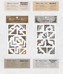 Gros plan d'autocollants époxy 3D vintage avec coins en métal rétro pour scrapbooking