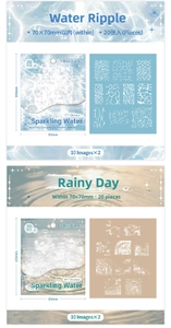 Detail of PET stickers showing water ripple and rain themes with transparent material