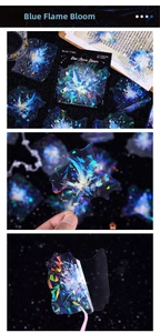 Macro shot of laser iridescent blue fireworks stickers for DIY scrapbooking decor