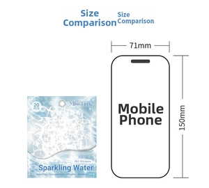 Detailed size comparison of sparkling water pattern PET stickers next to a mobile phone