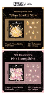 Macro detail of PET floral stickers with shell shimmer film for journaling decoration