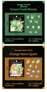 Detailed size and quantity layout of Green Fresh Bloom and Orange Warm Spark PET stickers